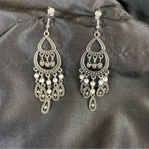 Boho Silver Filigree Chandelier Earrings with Bead Details